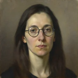 portrait of a middle - aged woman, dark hair, angular asymmetrical face, tall nose, thin lips, wearing round glasses, oil on canvas