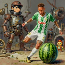 semi reallistic gouache gesture painting, by yoshitaka amano, by ruan jia, by Conrad roset, by dofus online artists, detailed anime 3d render of Neymar Jr kicking a watermelon, Neymar soccer player watermelon , watermellon ball Neymar jr,  portrait, cgsociety, artstation, rococo mechanical, Digital reality, sf5 ink style, dieselpunk atmosphere, gesture  drawn