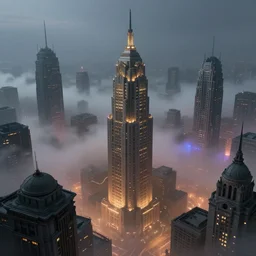 realistic matte painting of grand buildings above a mysterious and lively fog, classical architecture, art deco architecture, blade runner, city lights, aetherpunk, cyberpunk, by john smith and hugh ferris and noriyoshi ohrai