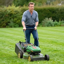 pierce brosnan mowing the lawn, 8 k, 8 5 mm f 1. 8, studio lighting, rim light, right side key light