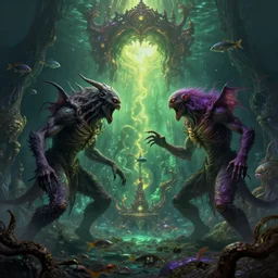 two lovecraftian monsters fighting on alien planet, underwater world, many fish, ornate and intricate, glowing nether portal, dim painterly lighting volumetric aquatics, jaw droping by anton fadeev, by rhads, by francis bacon, 4 k, detailed, subsurface scattering, green - purple - yellow lighting, trending on pixiv