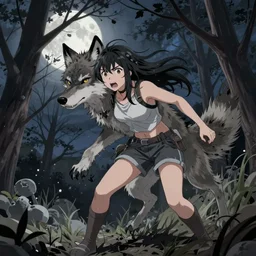 Digital anime art by WLOP and Mobius, A young woman begins to transform into a werewolf, alarmed expression, surrounded by leafless trees, highly detailed, moonlit lighting