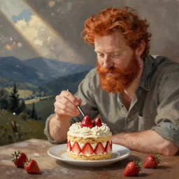 painting of redhead bearded boyfriend making strawberry shortcake topped with whipped cream