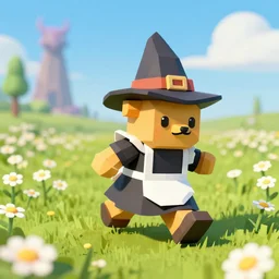 lowpoly ps 1 playstation 1 9 9 9 running anthropomorphic lurantis maid wearing witch hat standing in a field of daisies, mount doom in the distance digital illustration by ruan jia on artstation