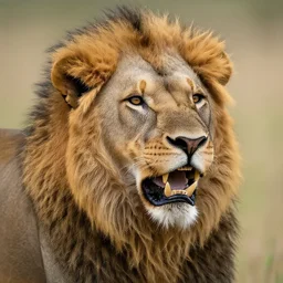 photorealistic lion with human teeth