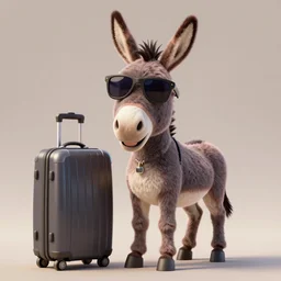 donkey wearing sunglasses standing next to a travel suitcase, digital art, 3D, amazing detail, artstation