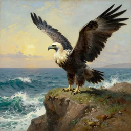 a gryphon on a cliff, near the sea, full of waves, romantic painting, 1 8 0 0 s