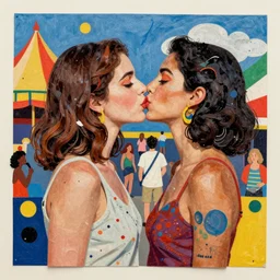 two women kissing at a carnival in brazil, mixed media collage, retro, paper collage, magazine collage, acrylic paint splatters, bauhaus, claymation, layered paper art, sapphic visual poetry expressing the utmost of desires by jackson pollock and basquiat