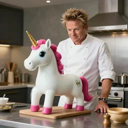 hyper real Gordon Ramsey cooking a unicorn in kitchen 4k