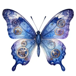butterfly with clockwork patterns on wings, gears and spirals, digital watercolor, artstation, blue and purple