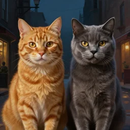 two cat in cats city, portrait of a ginger cat and a gray cat, atmospheric lighting, painted, menacing, intricate, volumetric lighting, beautiful, rich deep colours masterpiece, golden hour, sharp focus, ultra detailed, by leesha hannigan, ross tran, thierry doizon, kai carpenter, ignacio fernandez rios