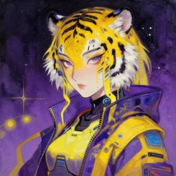 a beautiful painting cyberpunk tiger girl, by ukiyo - e, galactic yellow violet colors