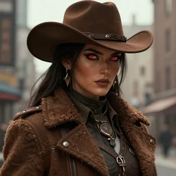 full detailed digital portrait of beautiful gunslinger woman in the city, face details, brown tuffle coat, cowboy hat, brown skin, redeyes, high fantasy, dnd, highly detailed, digital illustration, by kurone mishima