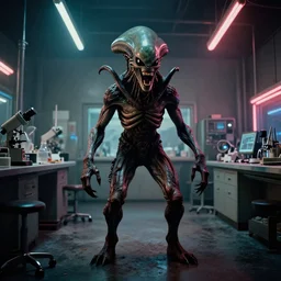 a scary filmic wide shot color ground level angle movie still 3 5 mm film photograph of the full body of a screaming and angry dangerous shape shifting alien creature, with multiple mutated snarling drooling, inside of a 1 9 7 0 s science lab, neon lights, dirty, ektachrome photograph, volumetric lighting, f 8 aperture, cinematic eastman 5 3 8 4 film