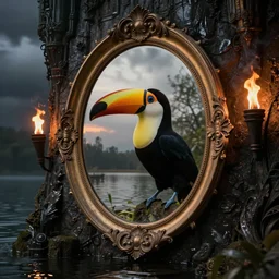 massive oval mirror and toucan in a dark lake, cinematic, filmic, wildlife photography, ray tracing reflections, insanely detailed and intricate, hypermaximalist, elegant, ornate, hyper realistic, super detailed, golden hour, stormy weather, ominous, dark wet walls of a dungeon, fire torches