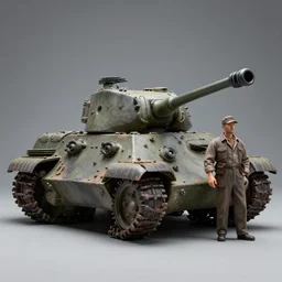 tiny t-34 tank with a man standing next to it, 8k UHD, studio photography, high quality, high detail, stunning lighting