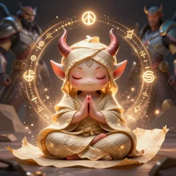 a tiny adorable demon meditating, wrapped in sacred parchment with glowing text, smooth, intricate, elegant, digital painting, artstation, power runes, pulsing energy, concept art, sharp focus, octane render, illustration, art by shintaro kago and beeple, overwatch character,
