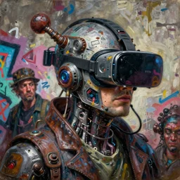 junky men tagging graffiti, cybertronic gadgets and vr helmet, durty colours, micro technology, rotten textures, rusty shapes, biotechnology, tim hildebrandt, wayne barlow, bruce pennington, donato giancola, larry elmore, oil on canvas, close - up, masterpiece, trending on artstation, featured on pixiv, cinematic composition, hyper - detailed, hd, hdr, 4 k, 8 k