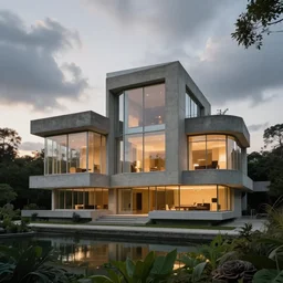 a luxurious house, brutalist architecture, ( le corbusier ), glass windows, concrete, glowing lights, trees, pond, daytime, cloudy sky, sunset, epic lighting, subtle colors, concept art, finely detailed illustration, centered, hd, 4 k, photorealistic, digital art, greg rutkowski, dan mumford, ruan jia, trending on artstation