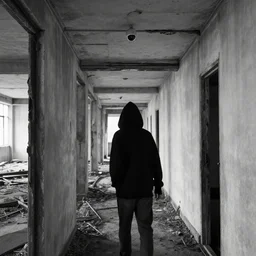 black and white security camera image of a hooded figure caught in the hallway of a rotting abandoned brutalism structure