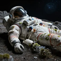 an empty spacesuit covered with spores lying on the ground in deep space, close up peter mohrbacher, featured on artstation, octane render, cinematic, rugged, intricate, 8 k