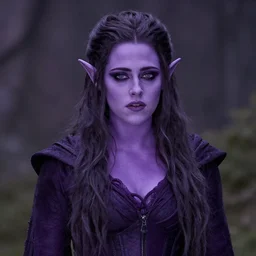 violet skinned Kirsten Stewart as a violet-skinned drow wizard