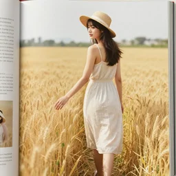 a magazine photo of a young woman wearing a sundress and straw hat, walking through a field of wheat, her hand grazing on the wheat as she walks by, looking back over her shoulder, shot from behind, three quarter portrait