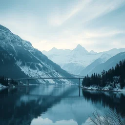 a very long thin and elegant bridge accross a lake, background of snowy mountain, concept art trending on artstation