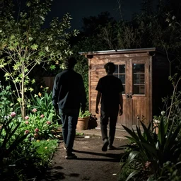 A dark photo of two men in a garden at night walking towards a small wooden garden shed