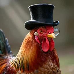 portrait of a rooster, with top hat!!! and monocle!!!, lightrays