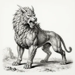 full body grayscale drawing by Gustave Dore of muscled manticore beast growling with ferocious teeth, swirling flames in background