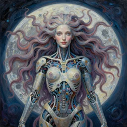 perfectly centered front view of a beautiful biomechanical moon goddess, flowing hair, intense stare, sweet smile, symmetrical, concept art, intricate detail, volumetric shadows and lighting, psychedelic colors, realistic oil painting by alex grey and gustave dore,