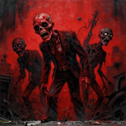 zombie wall e, in the style of beksinski, red, black, vibrant, chiaroscuro, high detail, perfect artwork, clean lines
