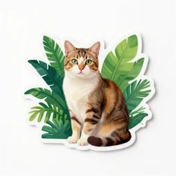 single vinyl sticker of a cat sitting between tropical plants, gouache, white background, sharp, clear focus, high quality, studio lighting