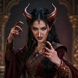 a female evil demonic character of kazakh mythology, jeztyrnak, in the form of a beautiful young girl or woman with a copper nose and copper claws, who had a vicious character and incredible strength, cinematic lighting, quality render 8 k, detailed