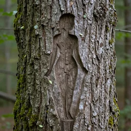 attractive female silhouette carved out in a detailed bark of an old tree with moss and leaves