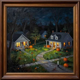 a framed painting of a halloween scene in a suburban neighborhood.. highly detailed science fiction painting by norman rockwell, frank frazetta, and syd mead. rich colors, high contrast, gloomy atmosphere, dark background. trending on artstation