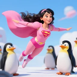 ! dream dakini as a modern fairy wearing a pink outfit, flying in the style of superman alongside penguins.