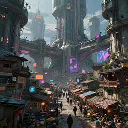an intricate concept art illustration of a market slums inside a megastructure city neon light district,sci-fi, cinematic lighting, hyper realistic, art by dylan cole, detailed matte painting, digital art,  sci-fi film color palette, volumetric lighting