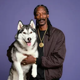 Snoop Dogg holding a Husky for a 1990s sitcom tv show, Studio Photograph, portrait, C 12.0