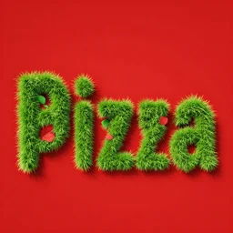 text font made out of grass spells the word pizza on a red background, text saying pizza, the word pizza