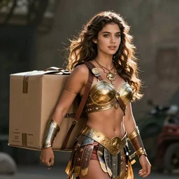 A Greek amazon warrior delivering Amazon packages, Photorealistic