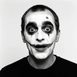portrait of a crazy man with painted face by Diane Arbus, 50mm, black and white photography