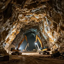 a large, massive cave with no one inside lit up by construction equipment. dream like, surreal.
