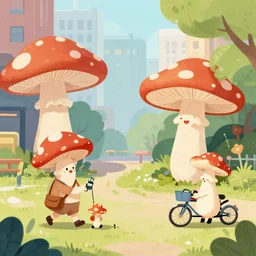 Illustration of mushroom people going about their day in the city