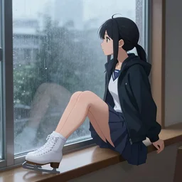 anime girl with figure skater body sits on the windowsill by the window and looks at the rain outside the window, she is dressed in a jacket, skirt and socks