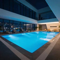 A photo of a modern indoors pool with cyberpunk illumination at night