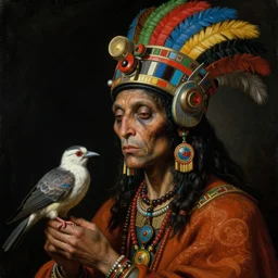 a baroque close - up portrait of a dark whimsical alien shaman wearing a colorful futuristic aztec headset, holding a bird. dark black background. highly detailed science fiction fantasy painting by norman rockwell, moebius, frank frazetta, syd mead, and sandro botticelli. high contrast. renaissance masterpiece. artstation
