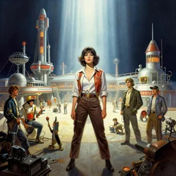 highly detailed wide - angle portrait of a retro 1 9 6 0 s spaceport, nicoletta ceccoli, mark ryden, lostfish, earl nore, hyung tae, frank frazetta, global illumination, god rays, detailed and intricate environment