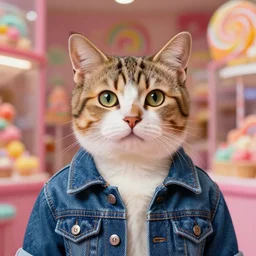 full head photo portrait of a cute cat made of jeans jacket, medium shot, super realistic, crisp details, sharp, detailed, intricate, volumetric lights, cinematic, candy shop background, shot with hasselblad, octane render